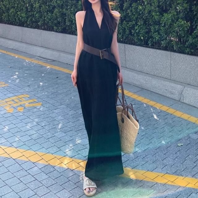 Halter-Neck Plain Midi A-Line Dress / Faux Leather Belt