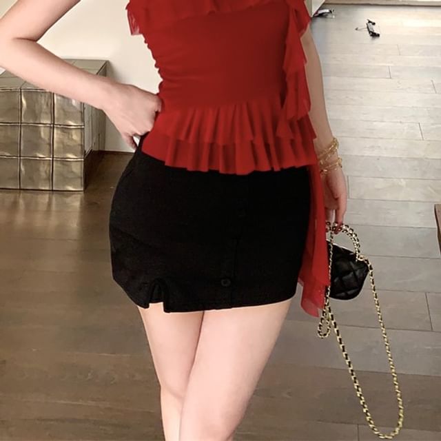 Asymmetrical Floral Ruffled Cami Top / High Waist Mini Pencil Skirt