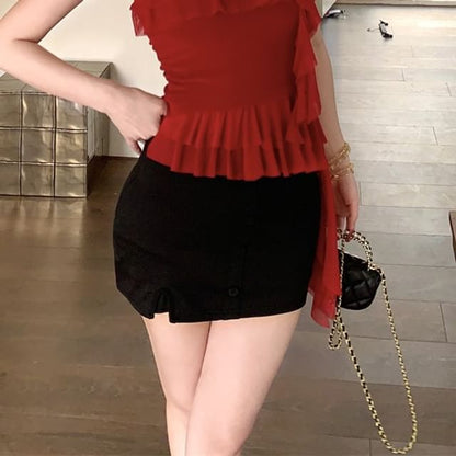 Asymmetrical Floral Ruffled Cami Top / High Waist Mini Pencil Skirt