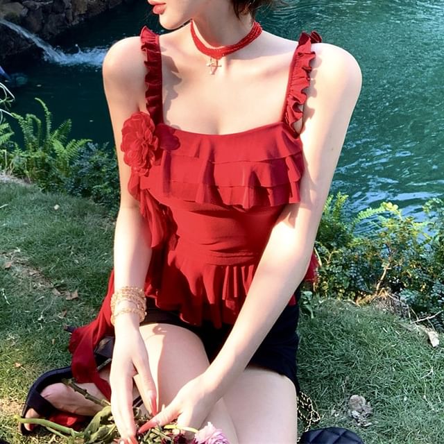 Asymmetrical Floral Ruffled Cami Top / High Waist Mini Pencil Skirt