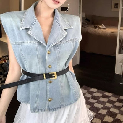 Washed Button-Up Denim Vest / High Rise Midi A-Line Layered Lace Skirt