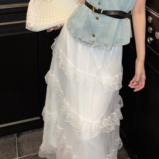 Washed Button-Up Denim Vest / High Rise Midi A-Line Layered Lace Skirt