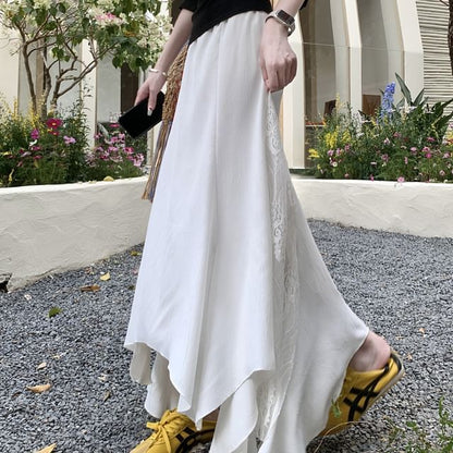 High Rise Asymmetrical Lace Panel Midi Mermaid Skirt