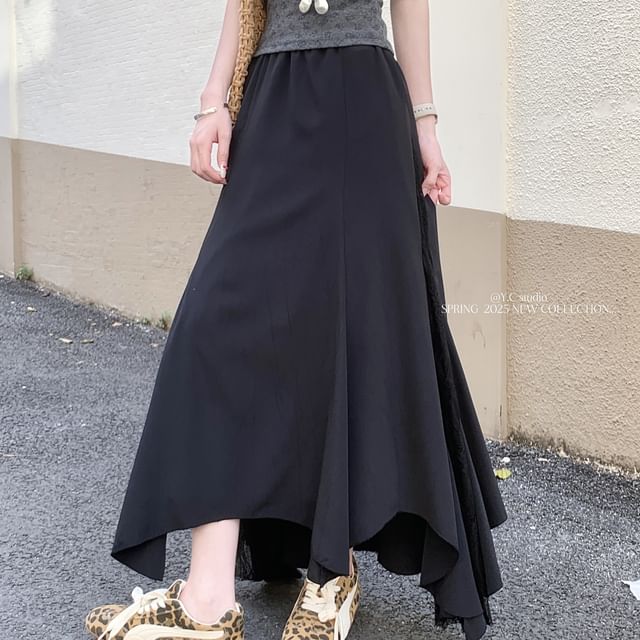 High Rise Asymmetrical Lace Panel Midi Mermaid Skirt