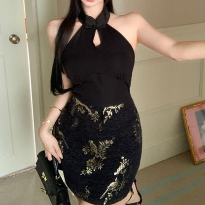 Floral Keyhole Jacquard Mini Halter-Neck Bodycon Dress