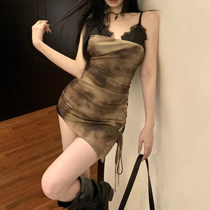 Spaghetti Lace Bodycon Dress Mini Tie-Dyed Strap Drawstring Trim