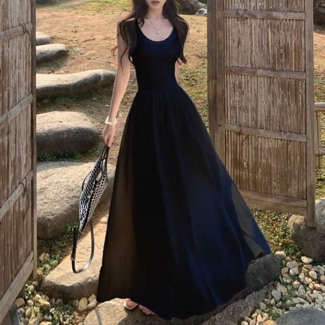 Strap Spaghetti Plain Dress Midi A-Line