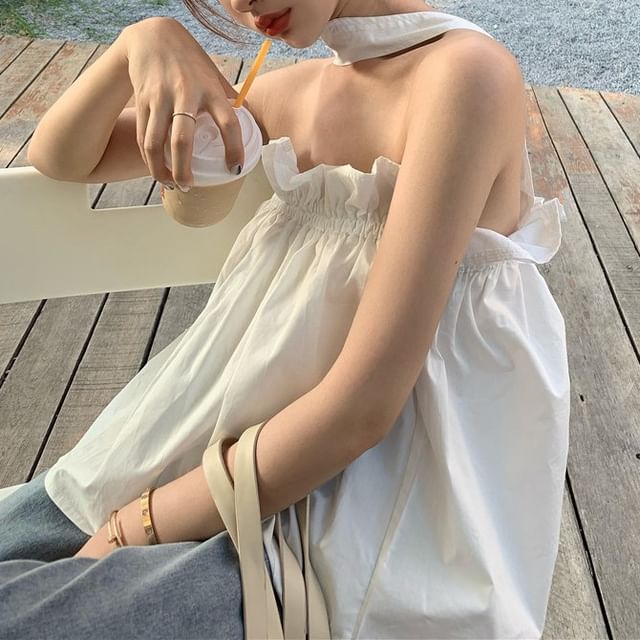 Plain Balloon Ruffled Back Keyhole Open Camisole Top