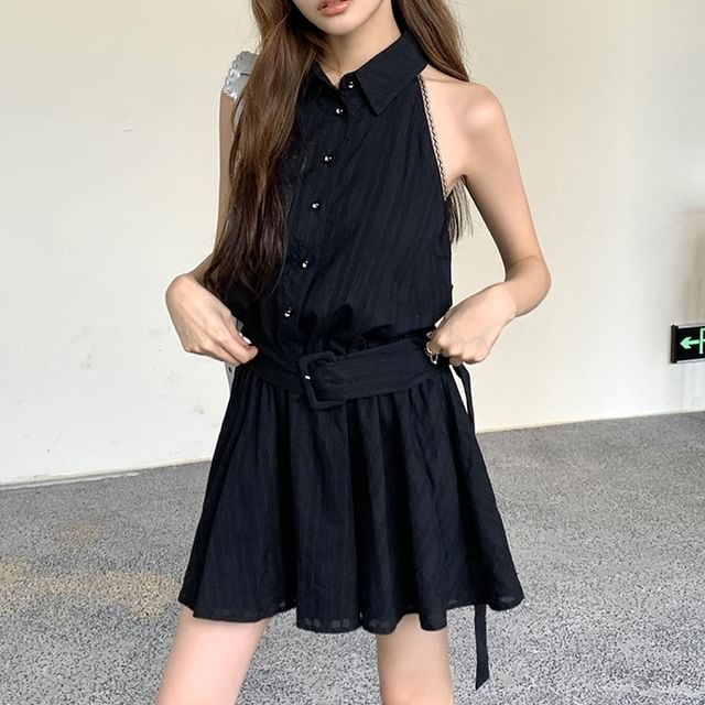 Sleeveless A-Line Belted Dress Mini Collared Striped