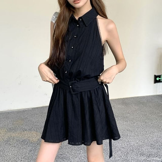 Sleeveless A-Line Belted Dress Mini Collared Striped