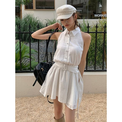 Sleeveless A-Line Belted Dress Mini Collared Striped