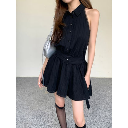 Sleeveless Striped Collared Belted Mini A-Line Dress