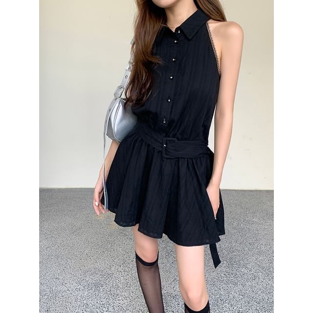 Sleeveless A-Line Belted Dress Mini Collared Striped