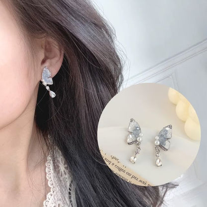 Butterfly Faux Pearl Rhinestone Drop Earring / Clip-On Earring
