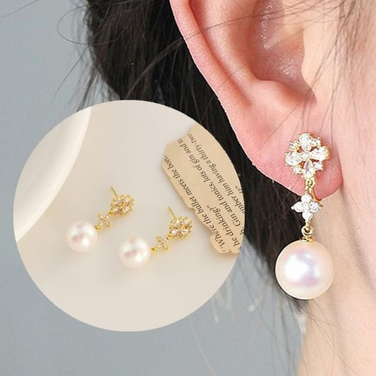 Rhinestone Flower Faux Pearl Drop Earring / Clip-On Earring