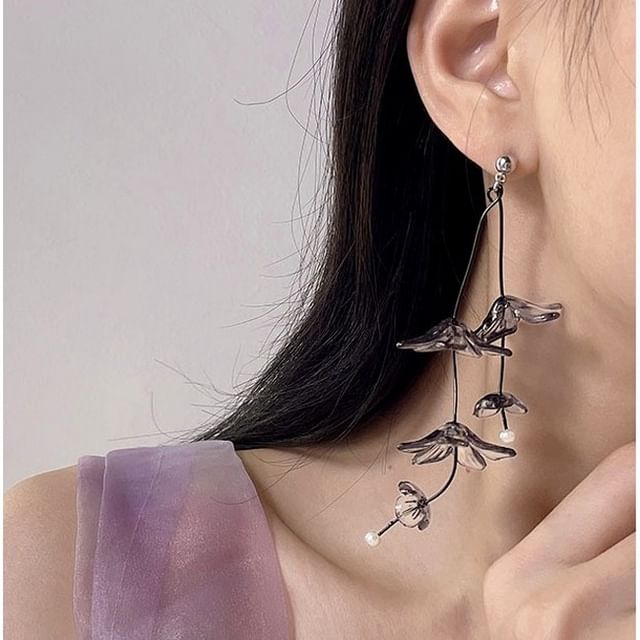 Asymmetrical Flower Drop Earring / Clip-On Earring