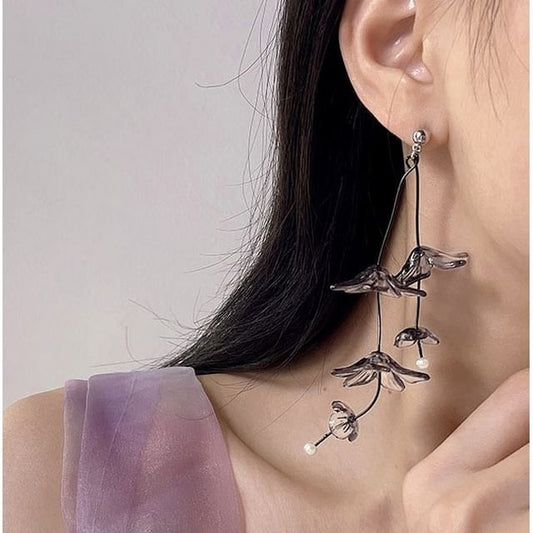 Asymmetrical Flower Drop Earring / Clip-On Earring