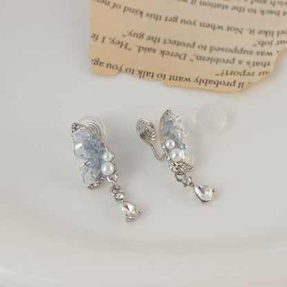 Butterfly Faux Pearl Rhinestone Drop Earring / Clip-On Earring