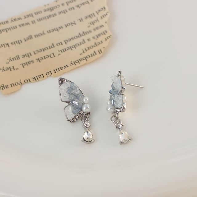 Butterfly Faux Pearl Rhinestone Drop Earring / Clip-On Earring