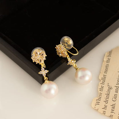 Rhinestone Flower Faux Pearl Drop Earring / Clip-On Earring