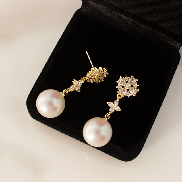 Rhinestone Flower Faux Pearl Drop Earring / Clip-On Earring