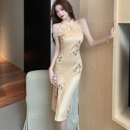 Halter Floral Slit Mesh Panel Midi Qipao