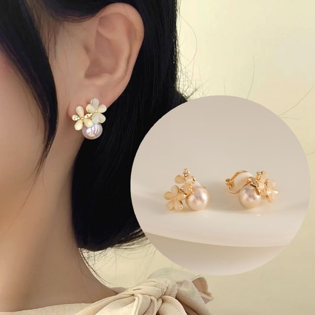 Floral Faux Cat Eye Stone Faux Pearl Alloy Stud Earring / Ear Cuff (Various Designs)