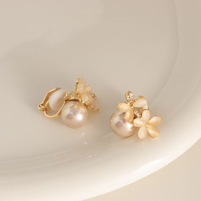 Floral Faux Cat Eye Stone Faux Pearl Alloy Stud Earring / Ear Cuff (Various Designs)