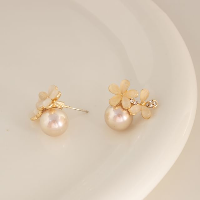 Floral Faux Cat Eye Stone Faux Pearl Alloy Stud Earring / Ear Cuff (Various Designs)
