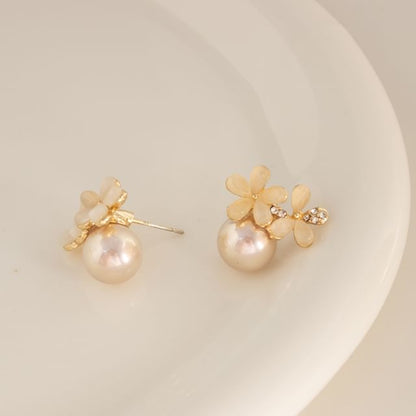 Floral Faux Cat Eye Stone Faux Pearl Alloy Stud Earring / Ear Cuff (Various Designs)