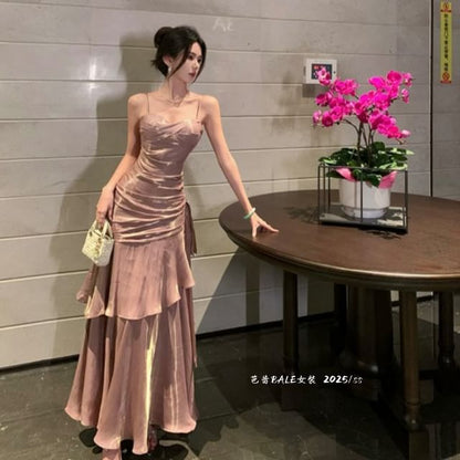 Spaghetti Strap Plain Ruched Panel Trumpet Evening Dress