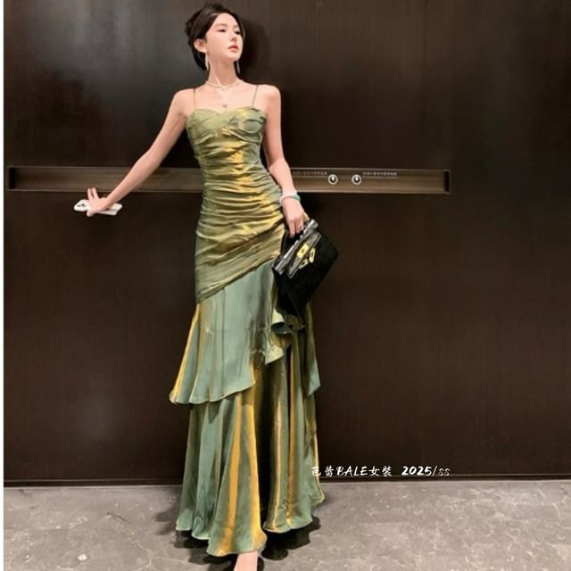 Spaghetti Strap Plain Ruched Panel Trumpet Evening Dress
