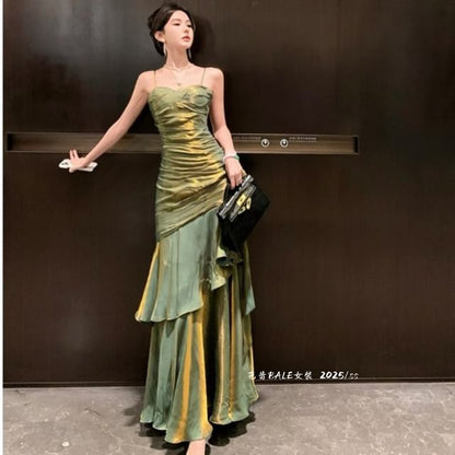 Spaghetti Strap Plain Ruched Panel Trumpet Evening Dress