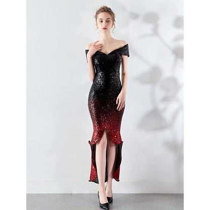 Off Short Gradient Sleeve Sequined Shoulder Evening Mermaid Gown