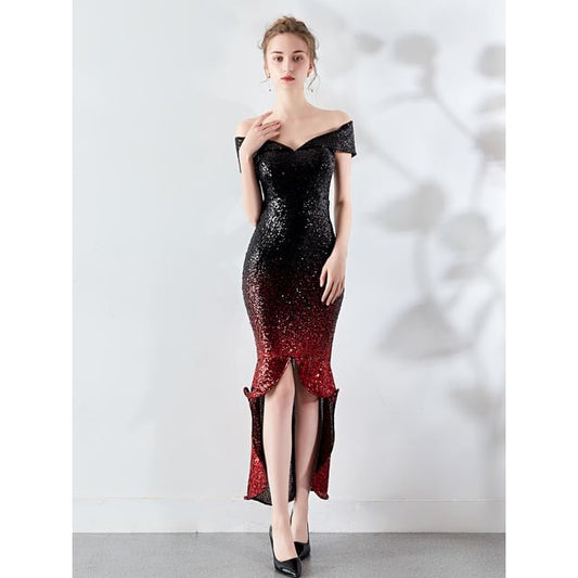 Off Short Gradient Sleeve Sequined Shoulder Evening Mermaid Gown