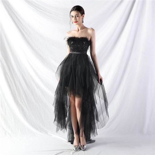 Evening Midi A-Line Feather Trim Gown Plain Strapless