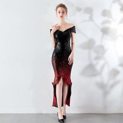 Off Shoulder Short Sleeve Gradient Sequined Mermaid Evening Gown