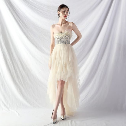 Evening Midi A-Line Feather Trim Gown Plain Strapless