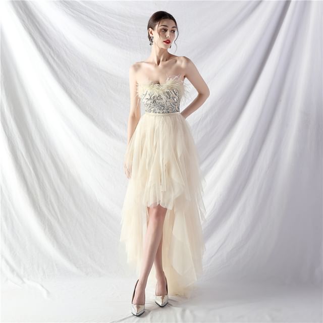 Strapless Plain Feather Trim Plain Midi A-Line Evening Gown