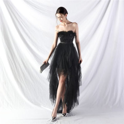 Evening Midi A-Line Feather Trim Gown Plain Strapless