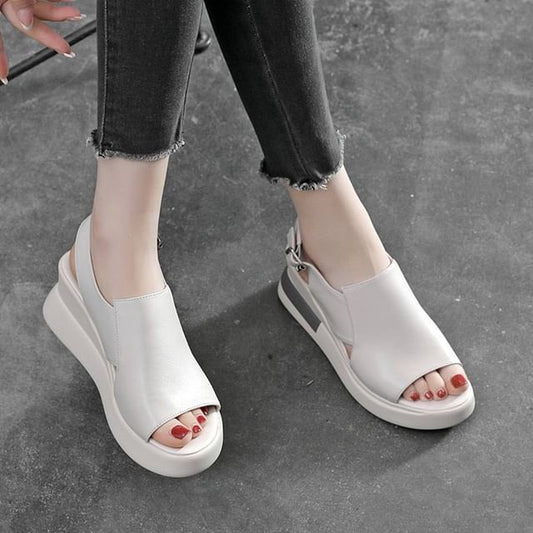 Slingback Sandals Faux Heel Wedge Leather Plain