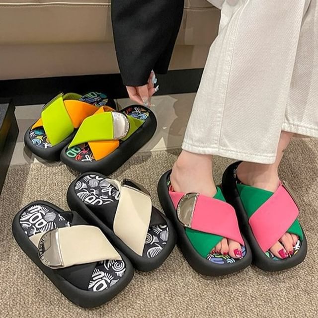 Cross Tone Strap Platform Two Faux Sandals Leather