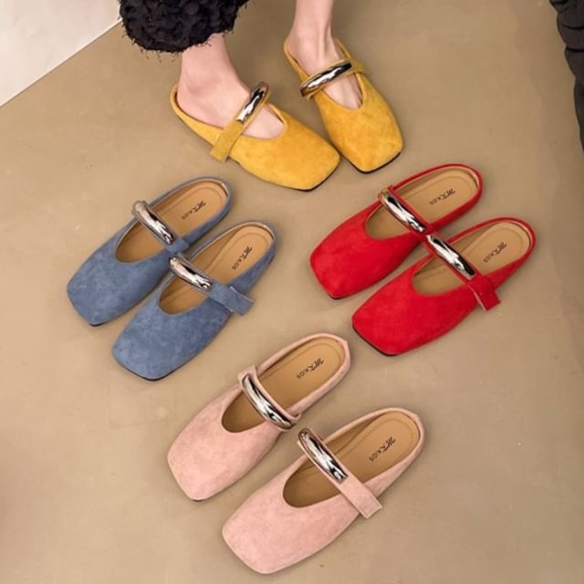 Toe Mary Jane Square Accent Suede Metal Faux Mules