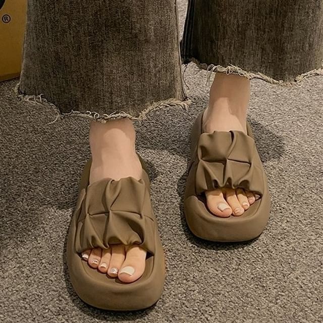 Plain Faux Platform Ruched Sandals Leather Slide