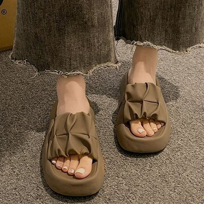 Plain Faux Platform Ruched Sandals Leather Slide