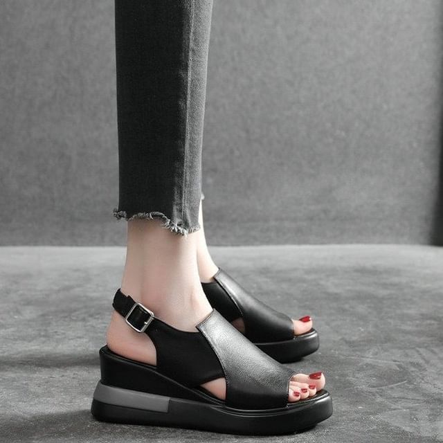 Slingback Sandals Faux Heel Wedge Leather Plain