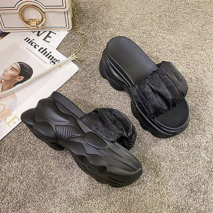 Sandals Slide Plain Ruched Platform