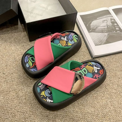 Cross Tone Strap Platform Two Faux Sandals Leather