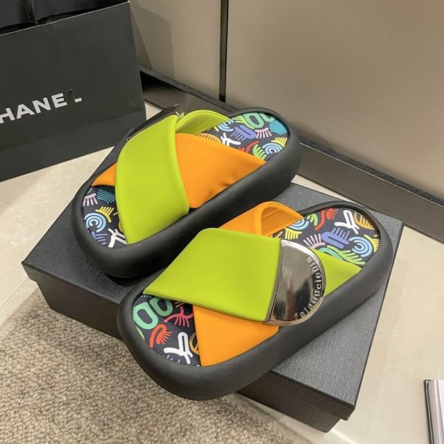 Cross Tone Strap Platform Two Faux Sandals Leather