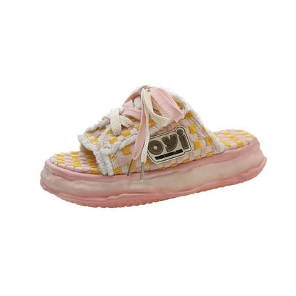 Checkerboard Sandals Sneakers Lace-Up Frayed Platform